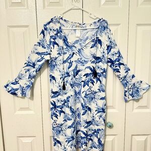 🌺 Tommy Bahama Blue & White Tropical Bell Sleeve Dress (M)